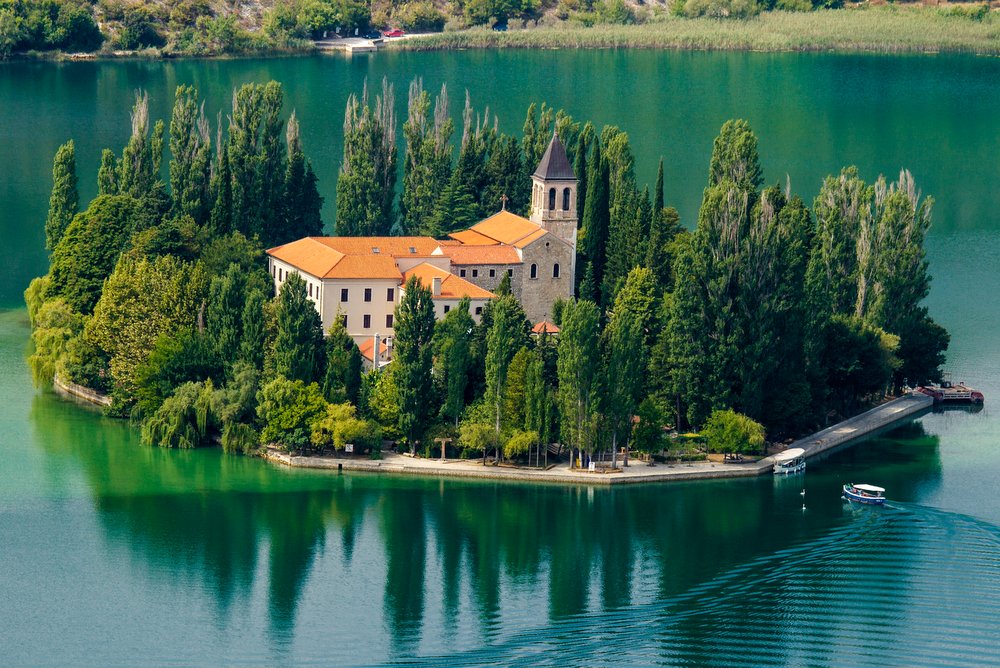 Panorama of the Krka river and Visovac monastery, Croatia